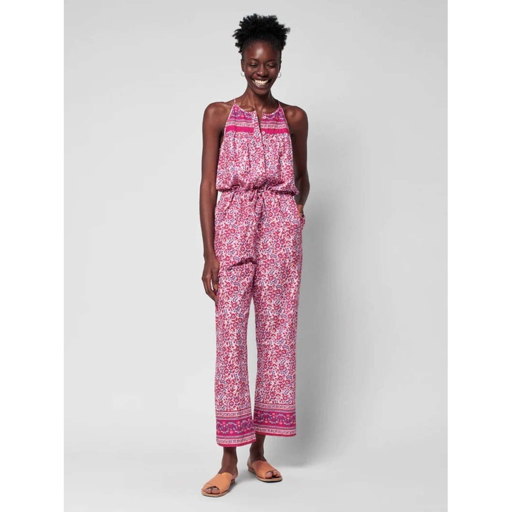 Faherty Pink Floral‎ Organic Cotton Halter Jumpsuit Womens Small Boho Wide Leg